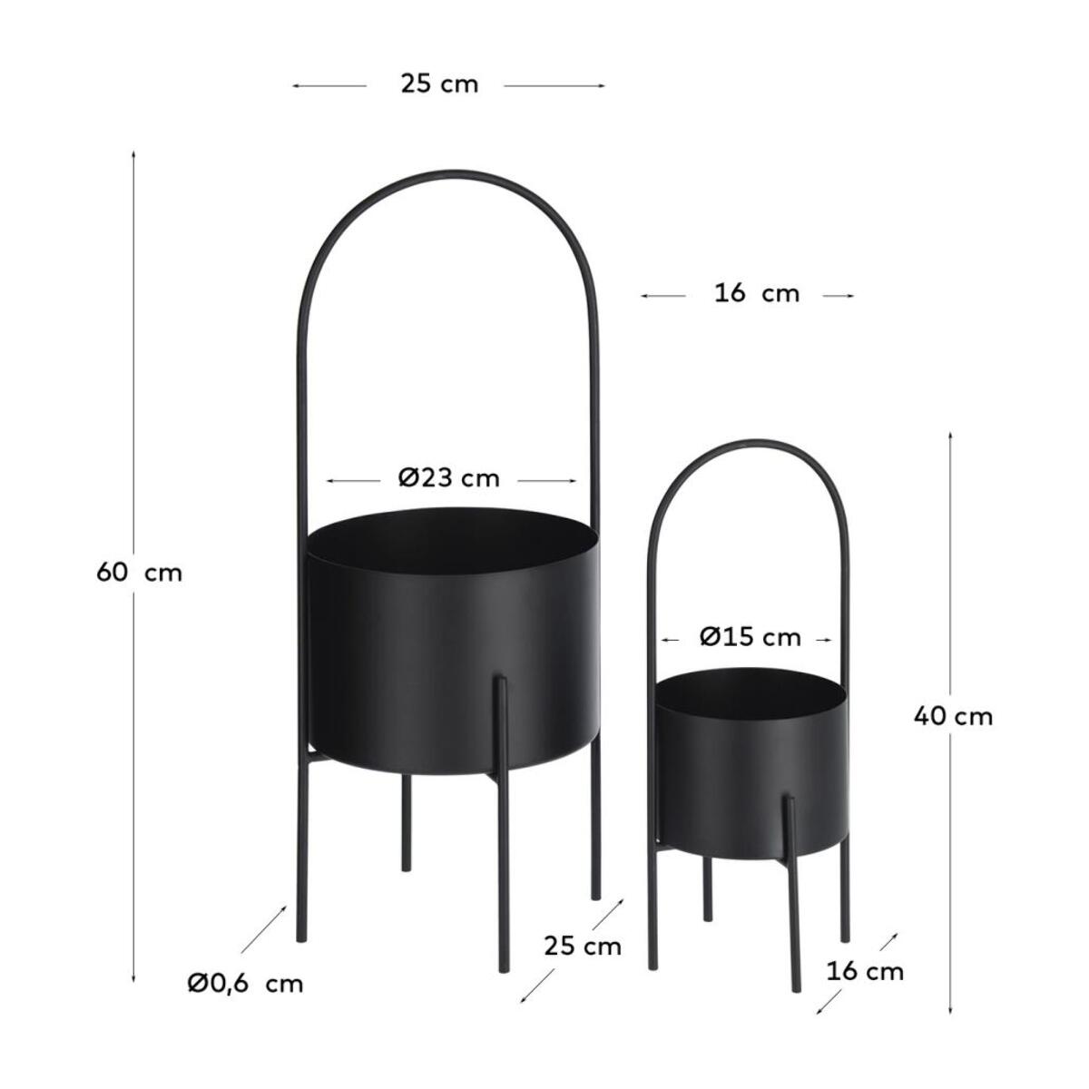 Kave Home - Set di 2 vasi rotondi Mash con manico in metallo nero Ø 25 cm / Ø 16,5 cm