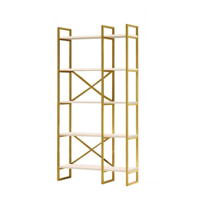 Libreria Dfiorind, Scaffale da ufficio, Mobile portalibri, Biblioteca, 88x30h175 cm, Bianco e Oro