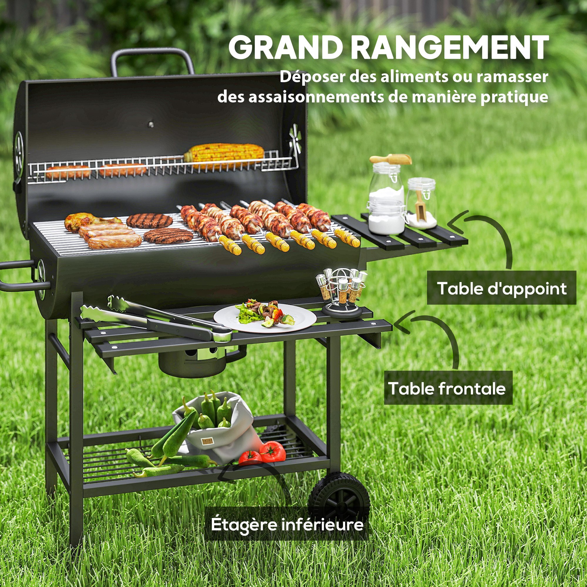 Barbecue charbon de bois avec couvercle 2 roues - 2 tablettes pliables, étagère, thermomètre - acier noir