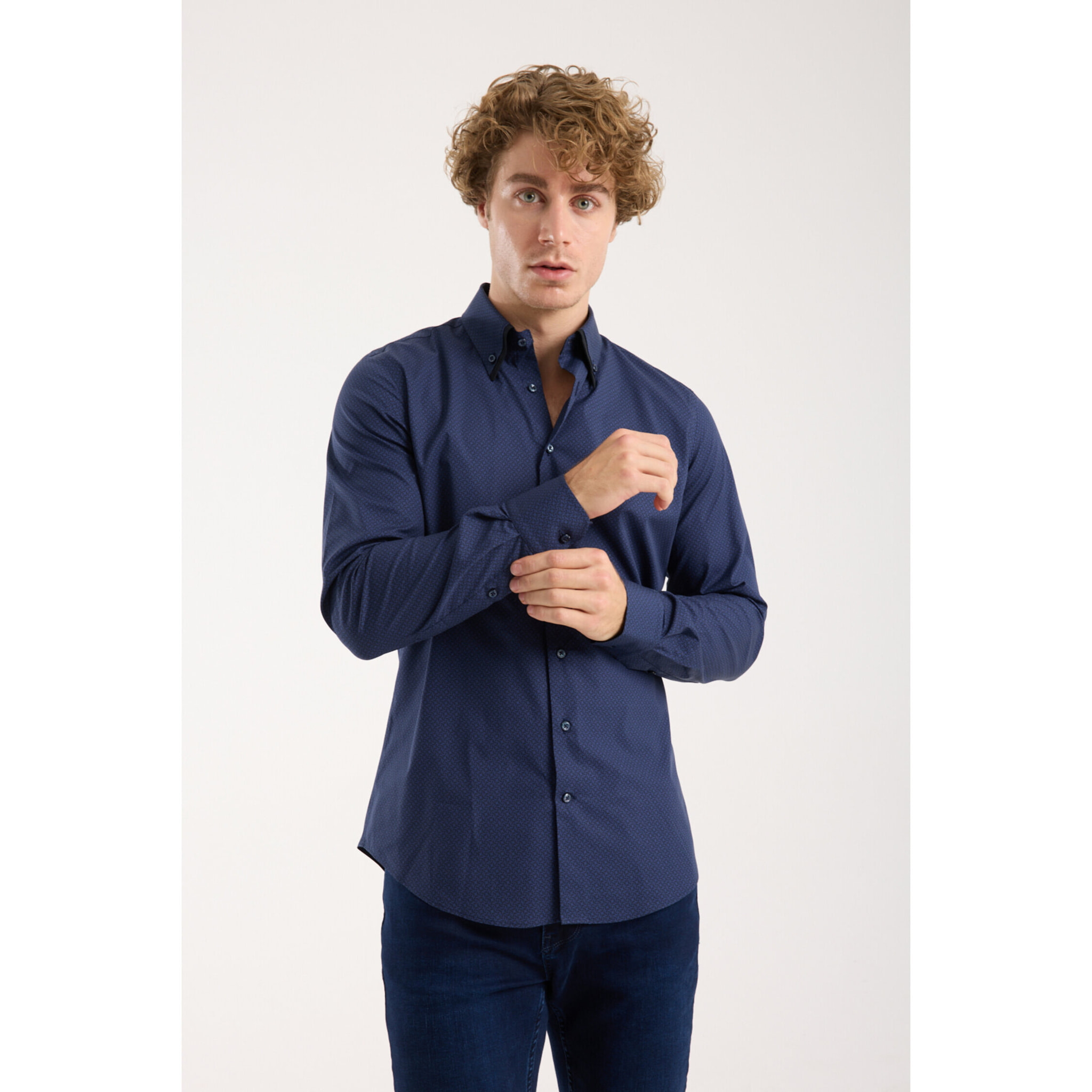Camicia Uomo 2 Bottoni Button Down Doppio Coll Popeline Stretch Stampato Nero e Blu Scuro