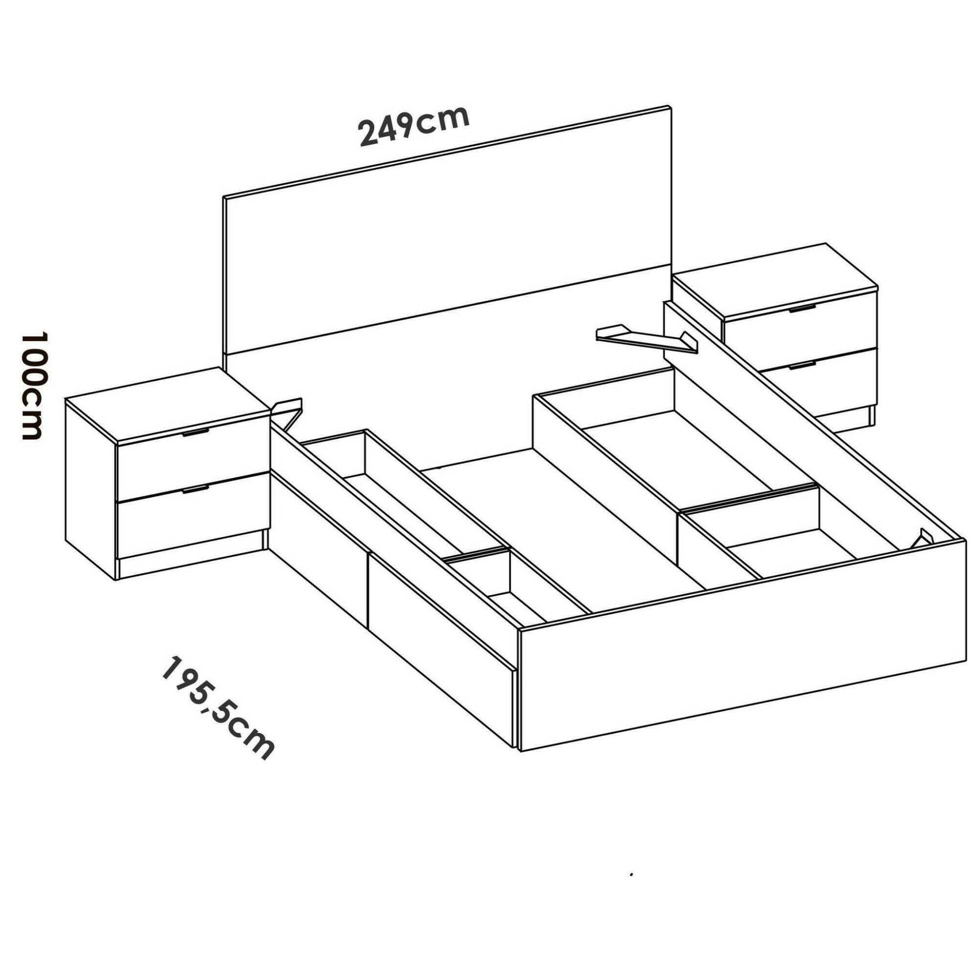 Letto matrimoniale Usman, Sommier per camera da letto, Giroletto per stanza, Struttura porta materasso, 269x205 h100 cm, Bianco e Rovere