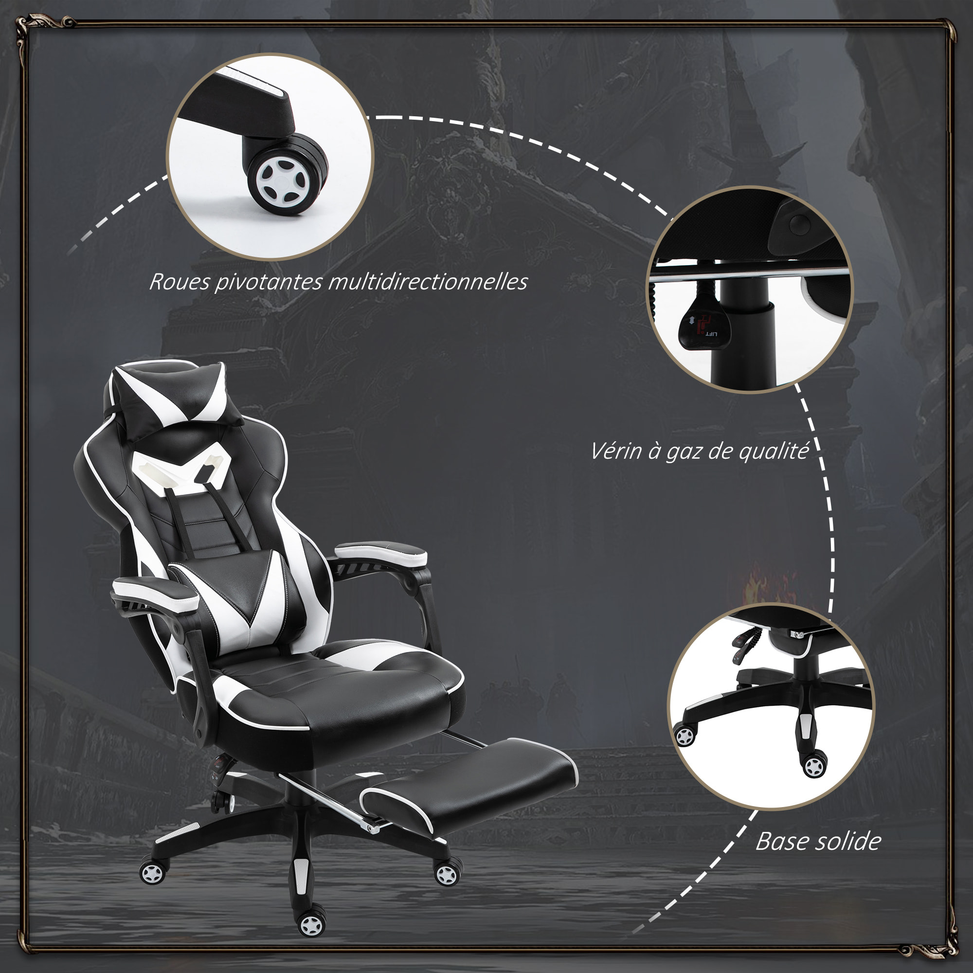 Vinsetto Fauteuil de bureau gamer style baquet racing - pivotant, inclinable - coussin lombaire, tétière, repose-pieds inclus - revêtement synthétique blanc noir