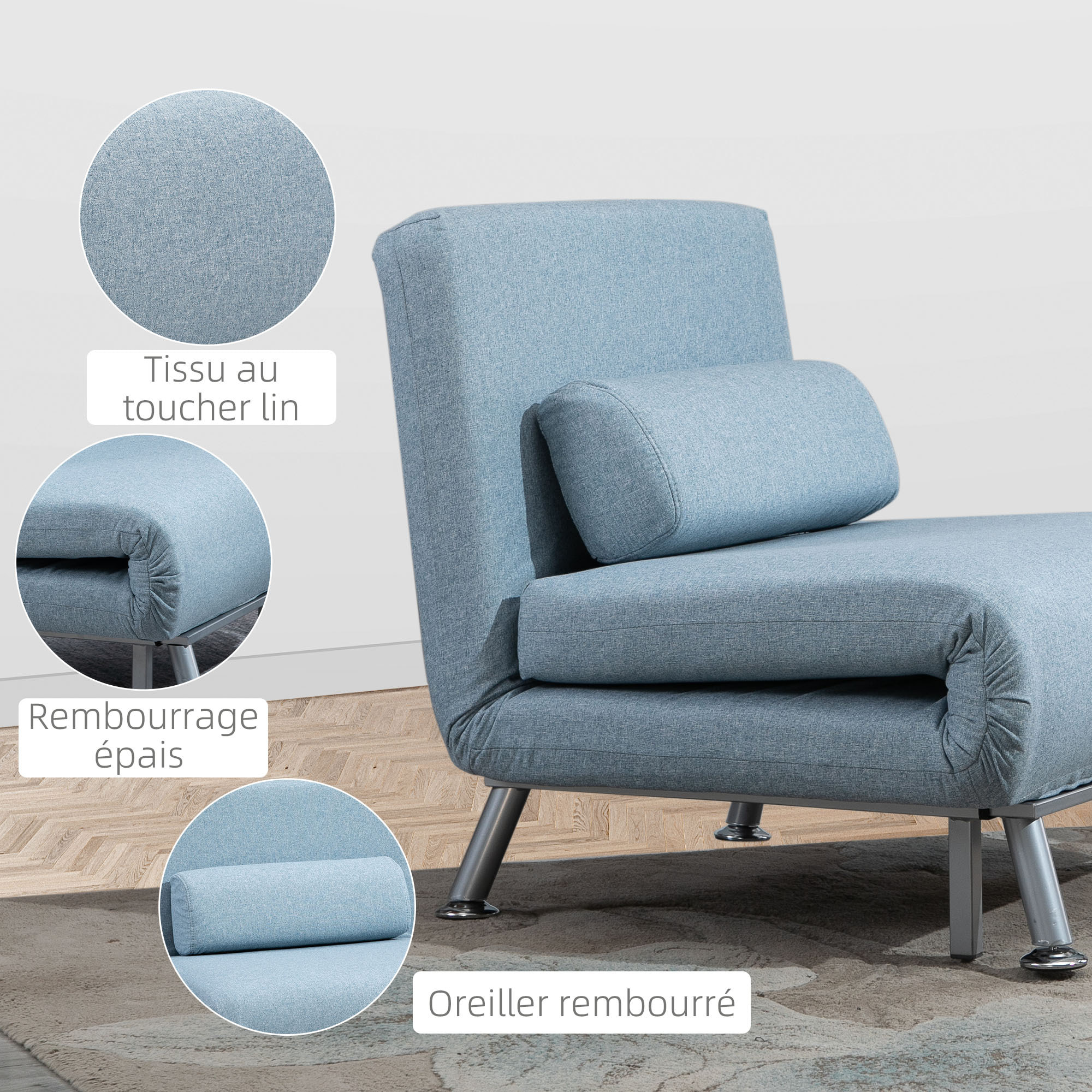 Fauteuil convertible 3 en 1 chauffeuse lit avec coussin bleu