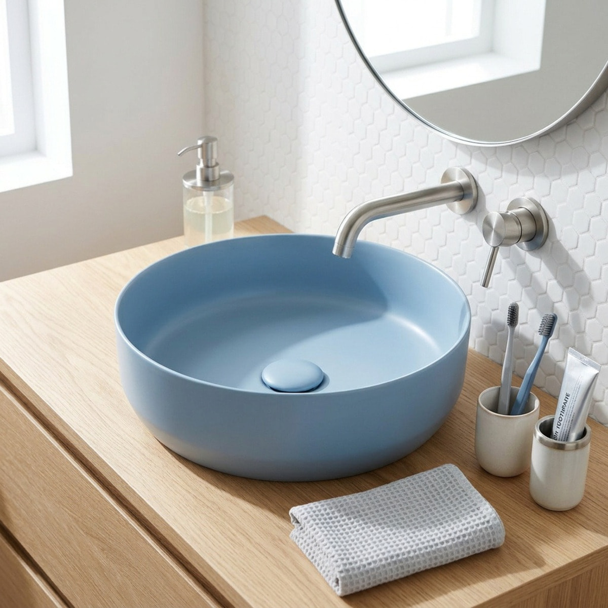 Vasque à poser ronde en céramique diamètre 39 cm - bleu mat - sans trop-plein - SAT Infinitio