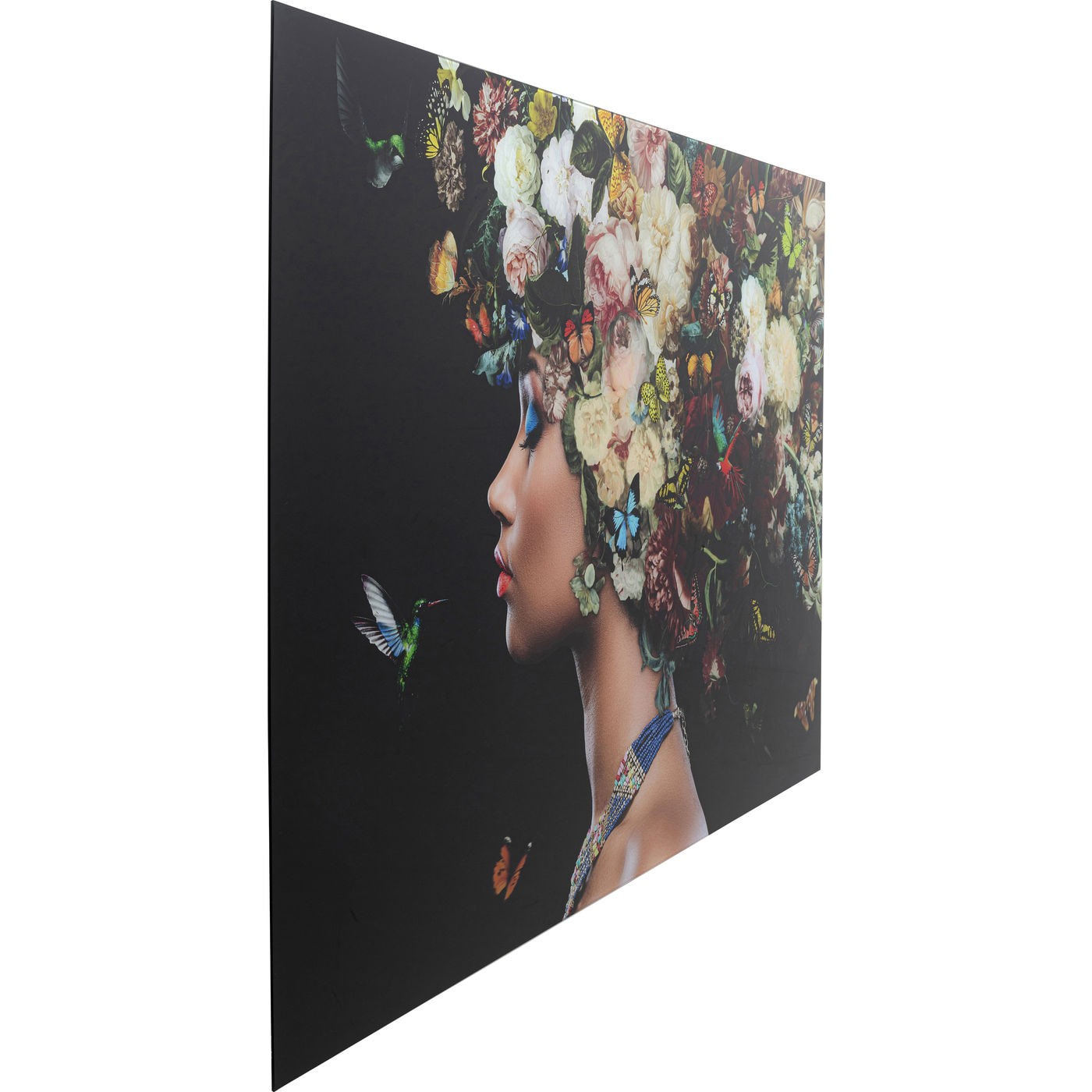 Tableau en verre femme fleurs papillons gauche 150x100cm Kare Design