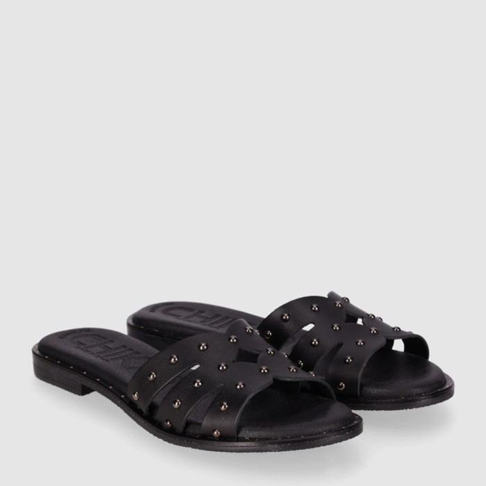 Sandalias de Piel - Negro - Tacón: Bajo