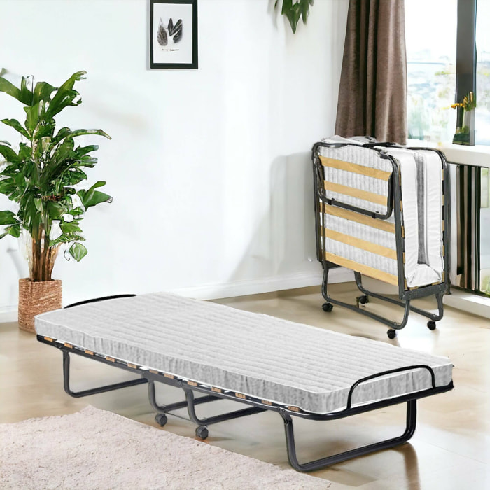 Letto pieghevole Tellus, Brandina con rete 12 doghe, Materasso incluso, Lettino salvaspazio, 100% Made in Italy, 80x190h37 cm
