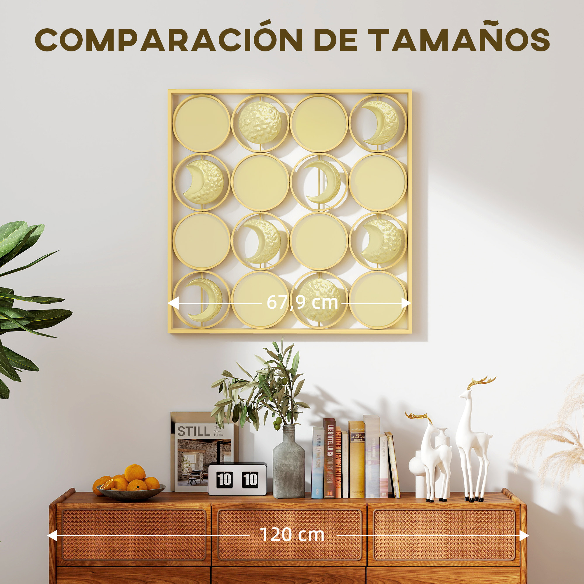 Decoración de Metal para Pared de Fases Lunares, Adornos de Pared Metálicos Multidireccional con 16 Discos, para Salón, Dormitorio, Pasillo, Dorado