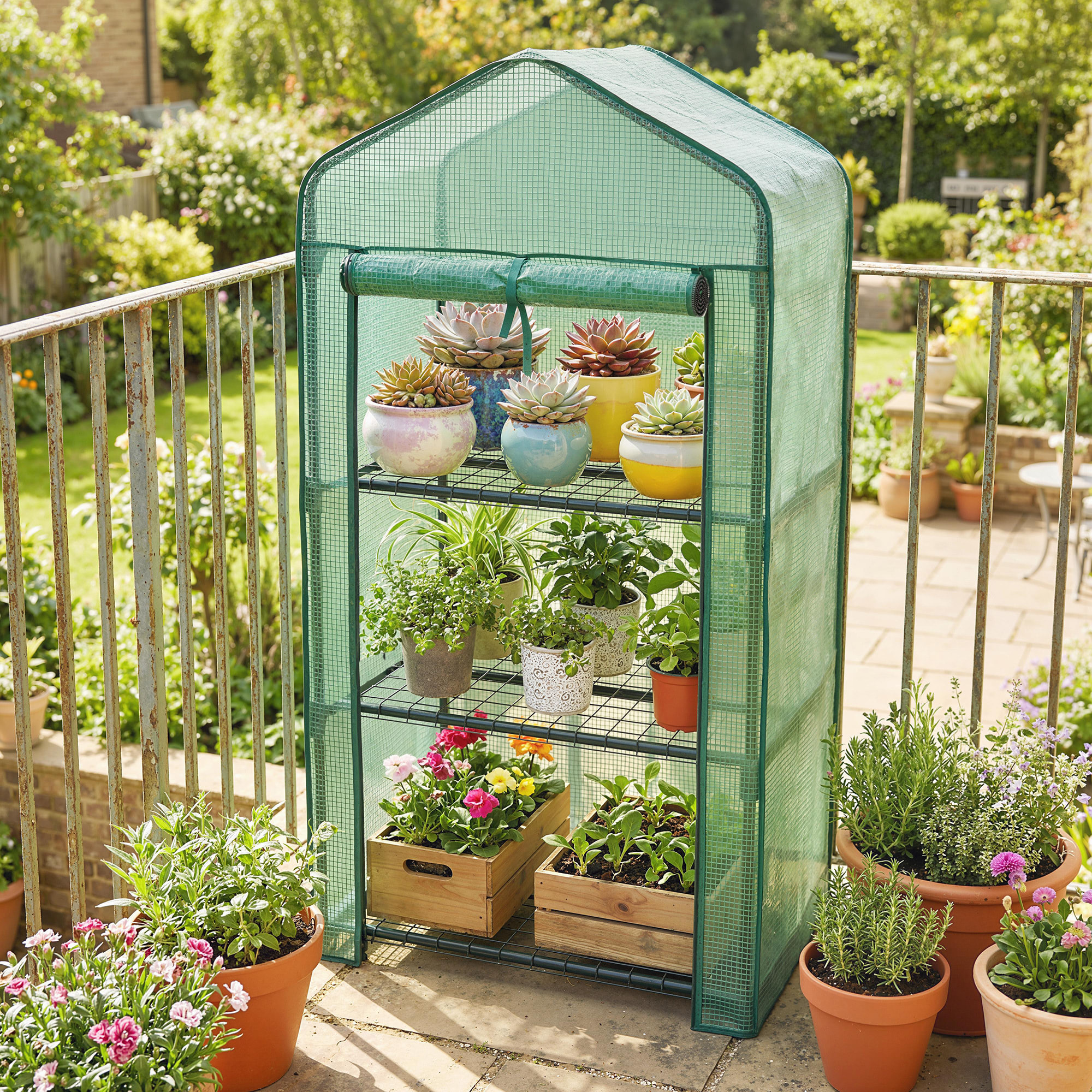 Serre de jardin balcon 3 niveaux métal thermolaqué vert PE vert