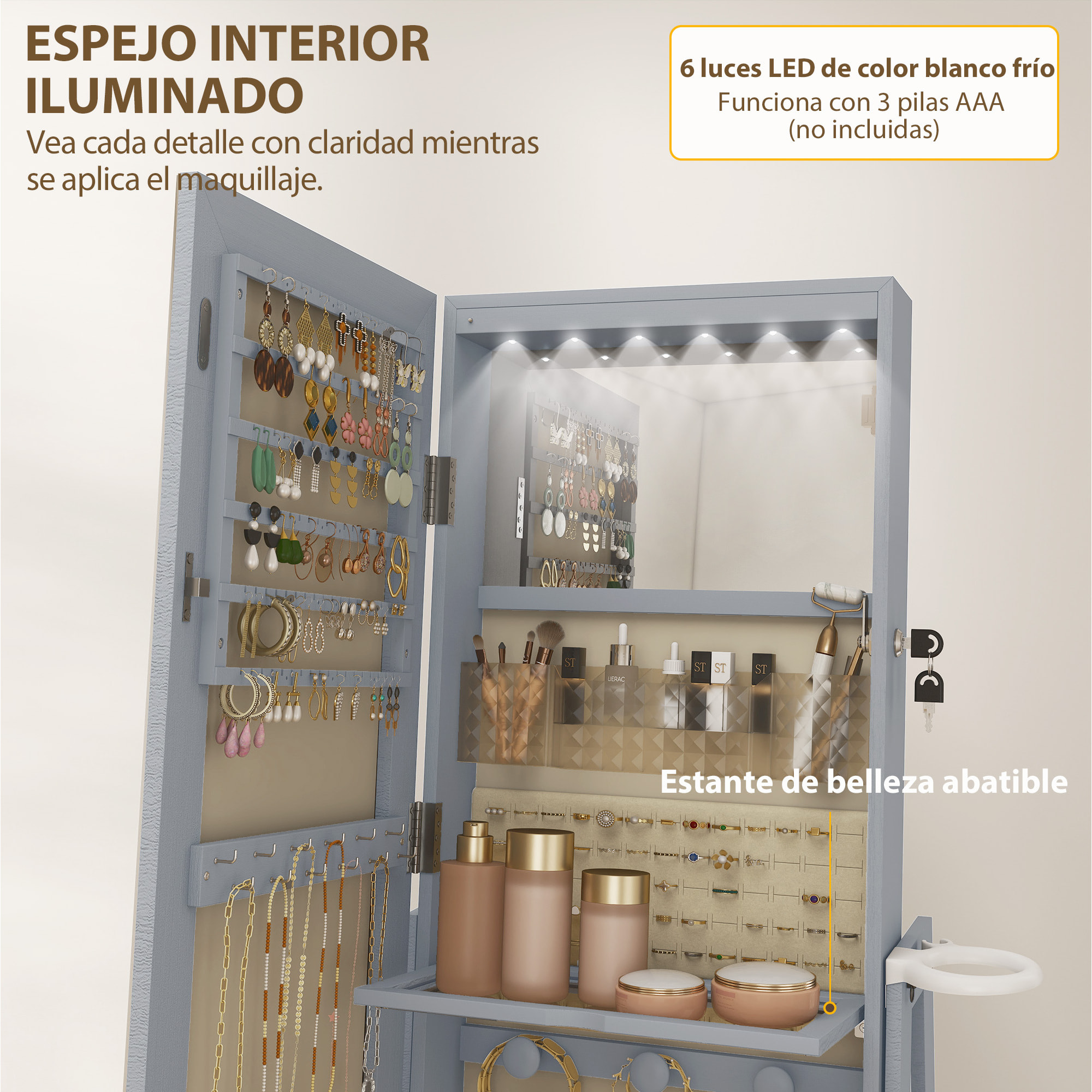 Espejo Joyero con Luces LED, Armario para Joyas, Armario Joyero con Espejo Entero, Giratorio de 360°, Cajón, Cerradura, Estantes Abiertos, Soporte para Secador, Gris Claro