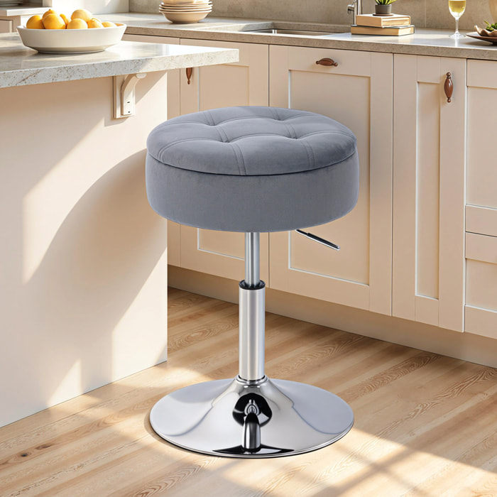 Tabouret de bar design velours acier chromé hauteur réglable H.49-65 cm gris