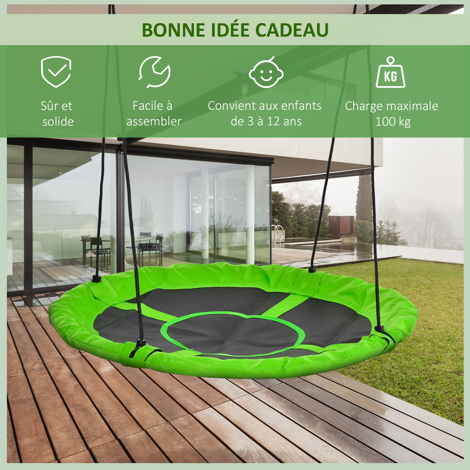 Balançoire nid d'oiseau ronde balançoire panier Ø 110 cm 4 anneaux inclus métal époxy Oxford haute densité vert