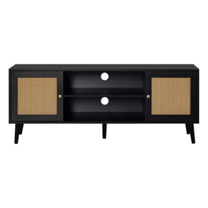 Goto - meuble tv - noir et cannage - 2 portes et 2 niches - 140 cm - Noir