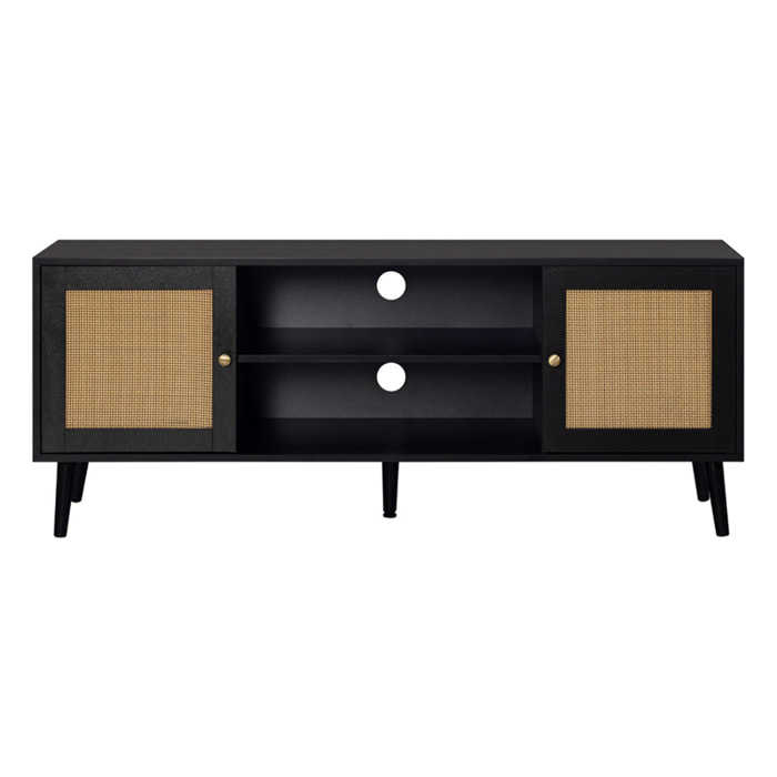 Goto - meuble tv - noir et cannage - 2 portes et 2 niches - 140 cm - Noir