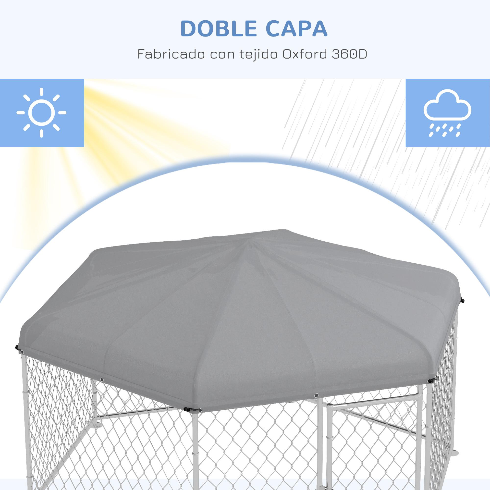 Perrera de Exterior Hexagonal Jaula para Perros con Puerta Marco de Acero Galvanizado y Toldo Impermeable y Anti-UV 210x185x150 cm Plata