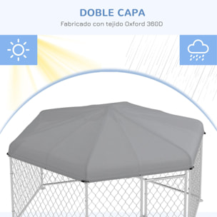 Perrera de Exterior Hexagonal Jaula para Perros con Puerta Marco de Acero Galvanizado y Toldo Impermeable y Anti-UV 210x185x150 cm Plata