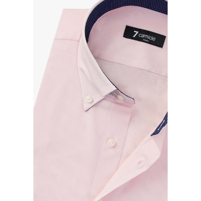 Camicia Uomo 2 Bottoni Button Down Slim Popeline Stretch Unito Rosa