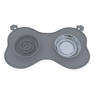 Ciotola Per Cani Gatti 3 In 1 Alimentazione Lenta Acciaio Inox Croccantini Acqua Tappetino in Silicone Antiribaltamento con Ventose 52 x 35 Cm Grigio