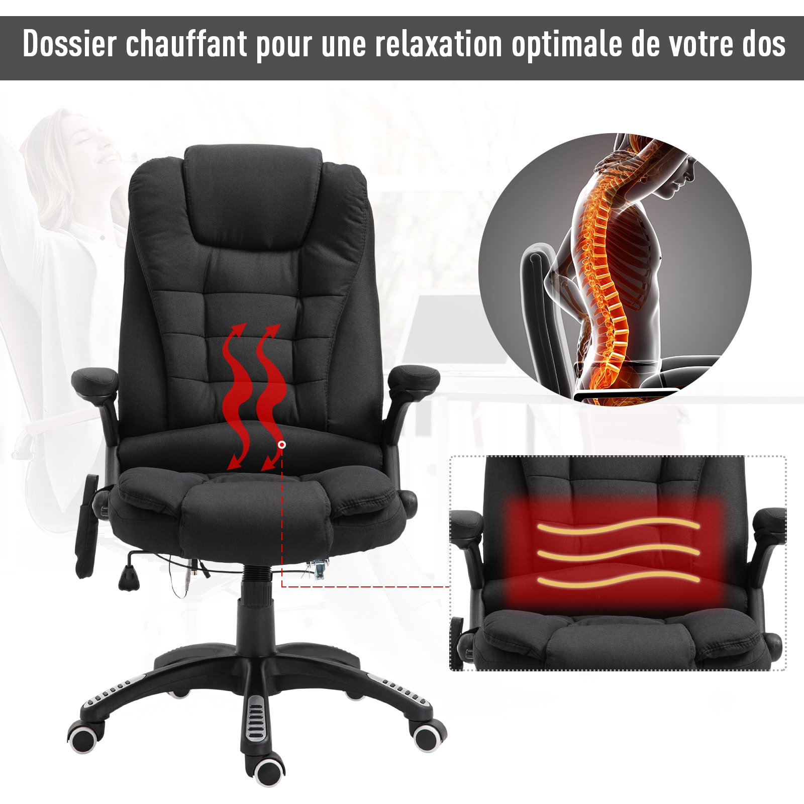 Fauteuil de bureau direction massant chauffant hauteur réglable dossier inclinable toile de lin noir