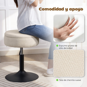 Taburete de Bar con Almacenaje, Altura Ajustable, Taburete de Cocina Redondo, Giratorio, Tapizado en Chenilla, Base de Acero, Diseño Botones, Acolchado, para Salón, Comedor, Oficina, Beige