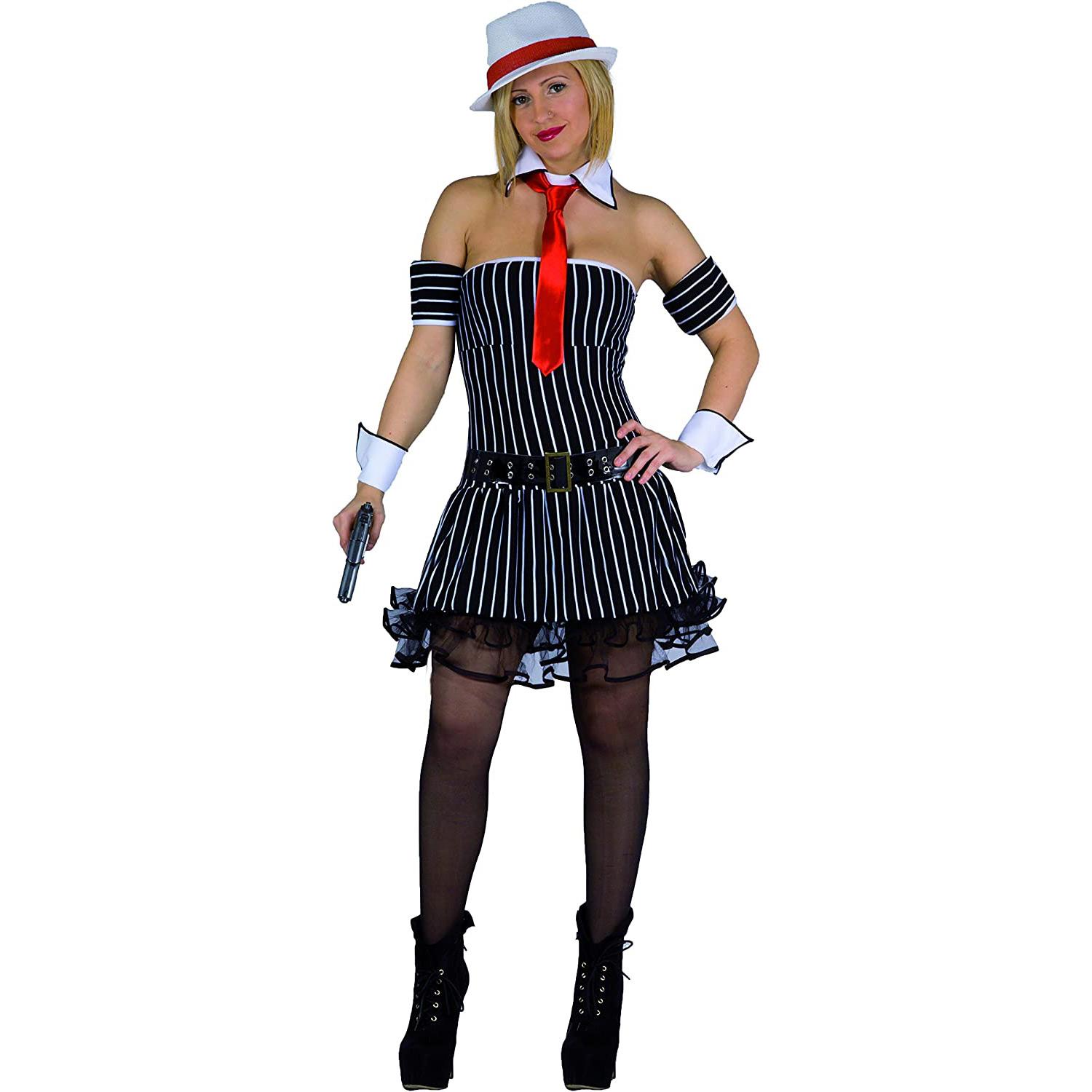 Costume Travestimento Carnevale Gangster Lady Nero Bianco Rosso Donna