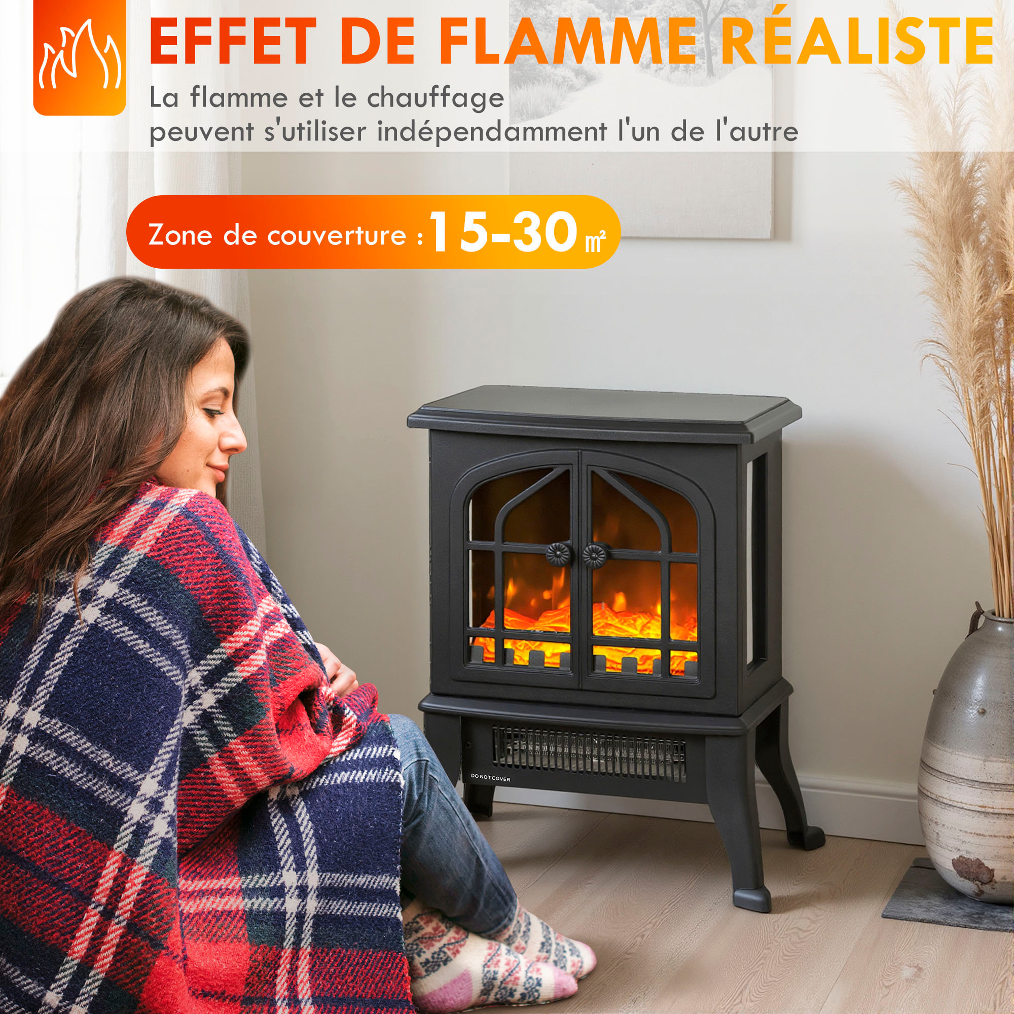 Cheminée électrique poêle style néo-rétro 900-1800W simulation flammes LED 3D plastique verre noir
