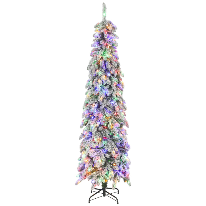Árbol de Navidad Estrecho 225 cm, Árbol de Navidad Nevado con Luces LED Bicolores, Temporizador, 11 Modos de Iluminación, 800 Ramas, Soporte de Acero, Fácil de Montar, Verde