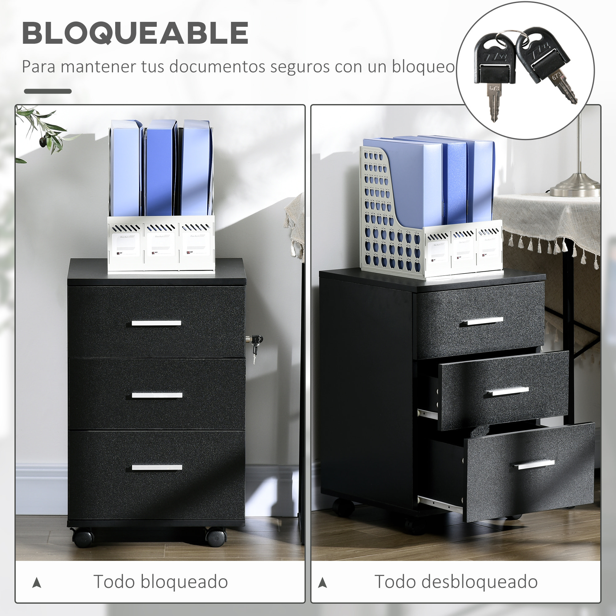Cajonera de Escritorio con 3 Cajones, Cajonera de Oficina con Ruedas, Cerradura, 2 Llaves, Archivador Móvil, para Estudio, Salón, 40x40x61,5 cm, Negro
