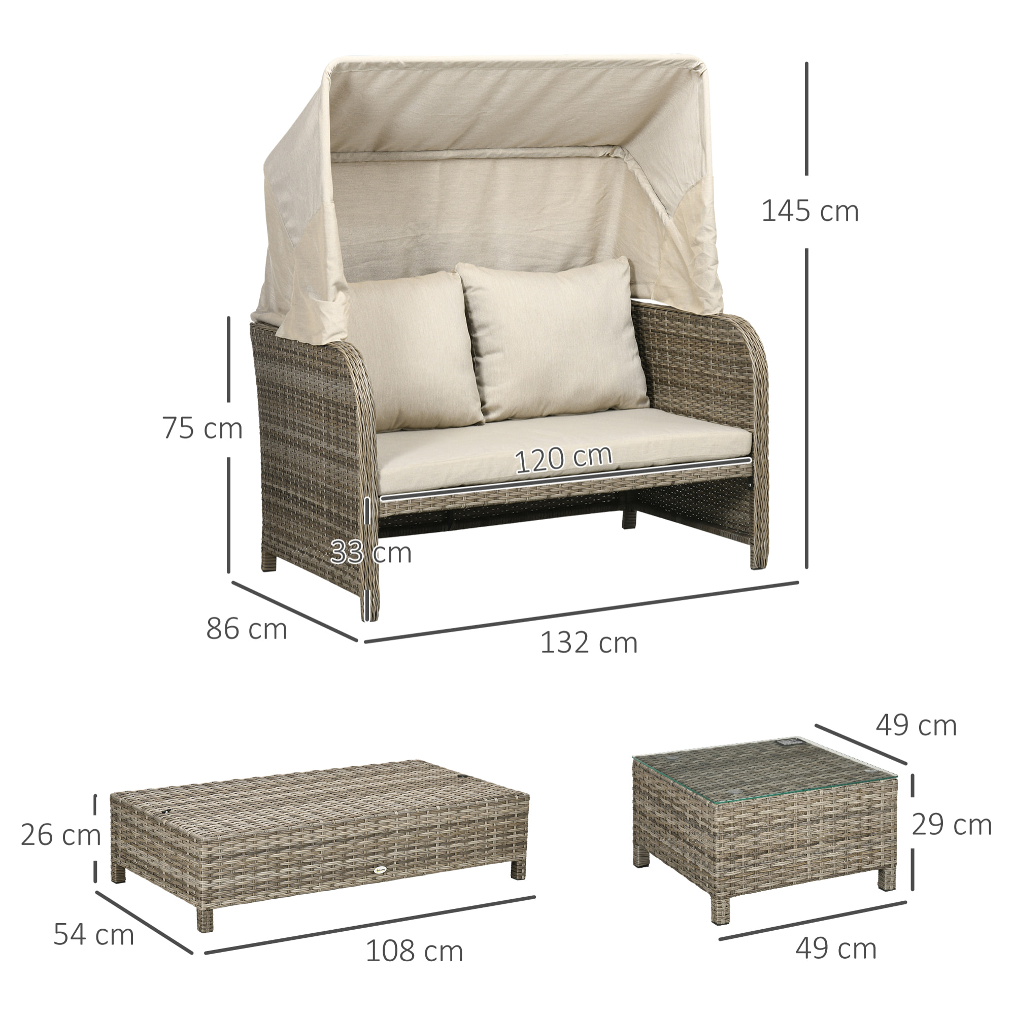 Ensemble salon de jardin 2 places 4 pcs - canapé, repose-pieds, 2 tables basses - coussins inclus - résine grise polyester kaki