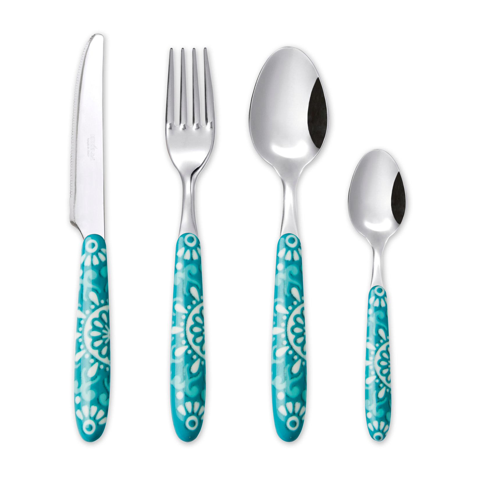 Set 24 Posate, 6 Cucchiai, 6 Forchette, 6 Coltelli, 6 Cucchiaini Excelsa- Mandala, Acciaio Blu