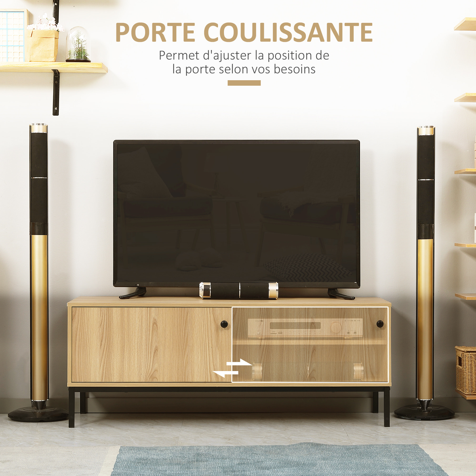 Meuble TV banc TV design industriel - porte coulissante, 2 niches, 2 passe-fils - piètement métal noir panneaux aspect bois clair