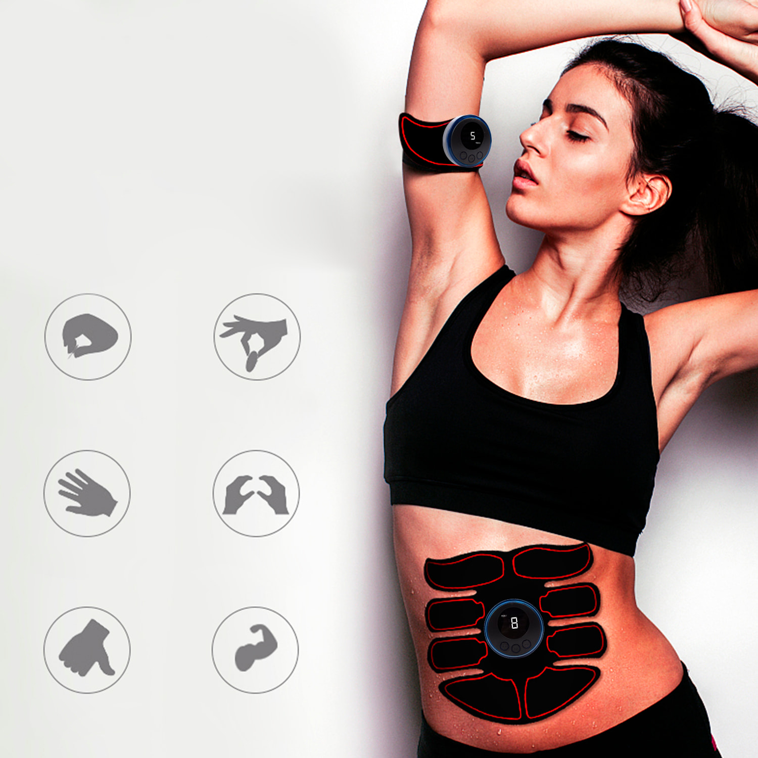Estimulador electrónico y masaje EMS con mando a distancia. Para abdominales, brazos y piernas. Batería recargable.