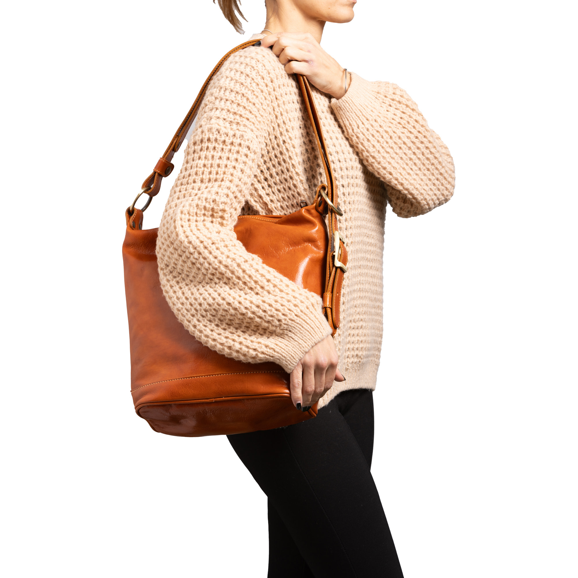 Borsa a secchiello  da donna In Vera pelle Made in Italy 34x33x15 cm