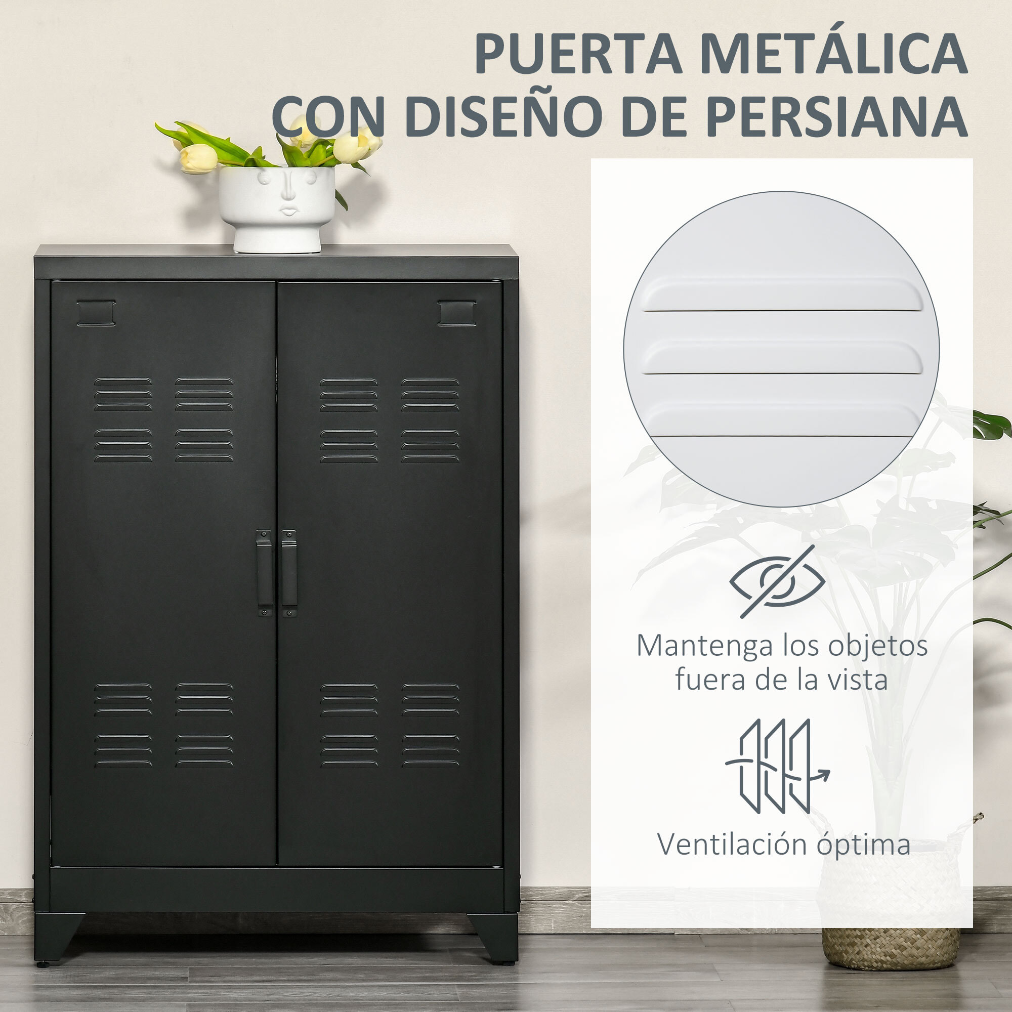 Armario de Almacenamiento Aparador de Metal con Doble Puerta Cierre Magnético y 2 Estantes Ajustables para Oficina Salón Dormitorio 75x33x110 cm Negro