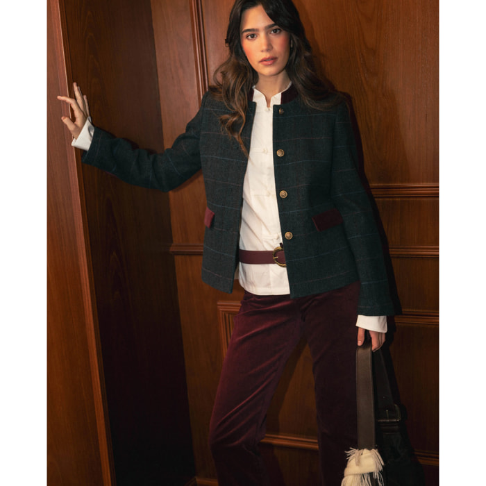 Blusa cruda con cuello mao y 4 alamares de mujer