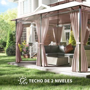 para Jardín 3x4 m Pérgola de Jardín Gazebo con Doble Techo Paredes Laterales Resistente al Agua Carpa para Exterior Terraza Patio Caqui