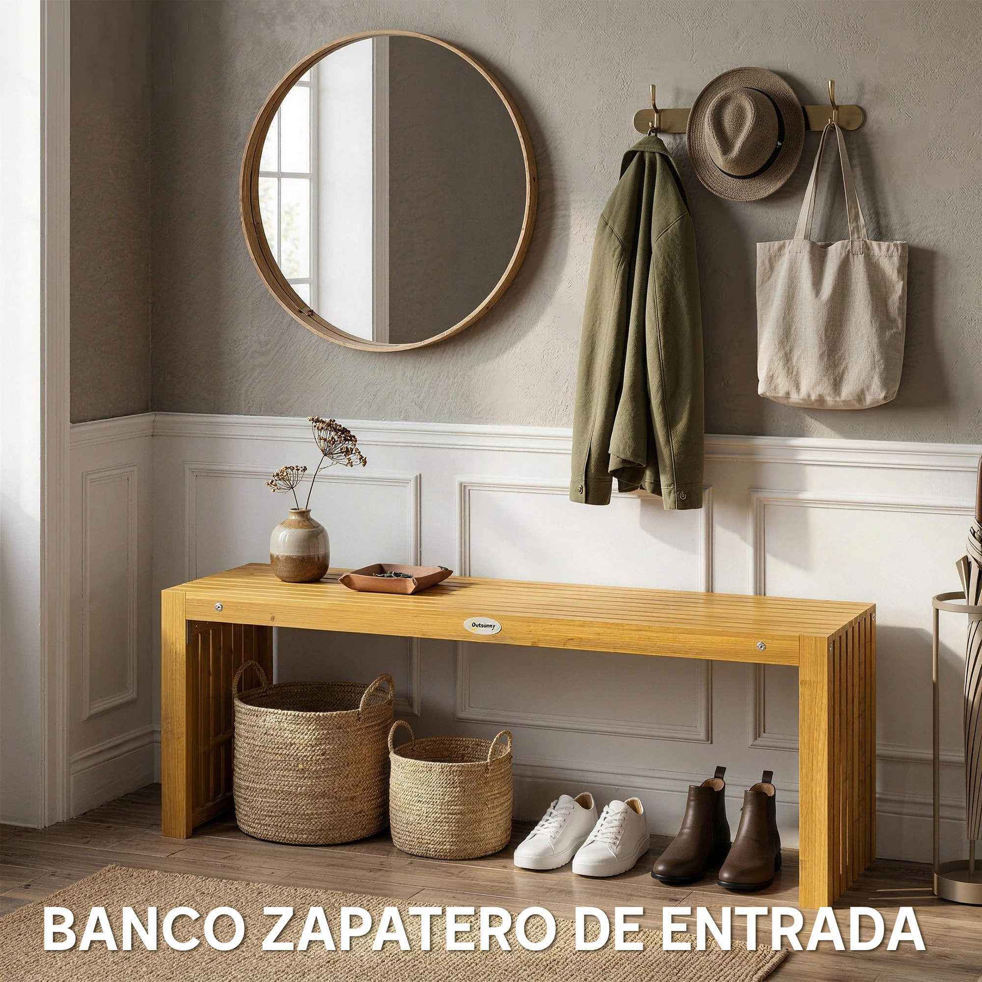 Banco de Jardín de Madera, 110 cm, Banco Exterior Rústico de 2 Plazas con Asiento de Listones, Carga 240 kg, para Patio, Porche, Parque, Balcón, Natural