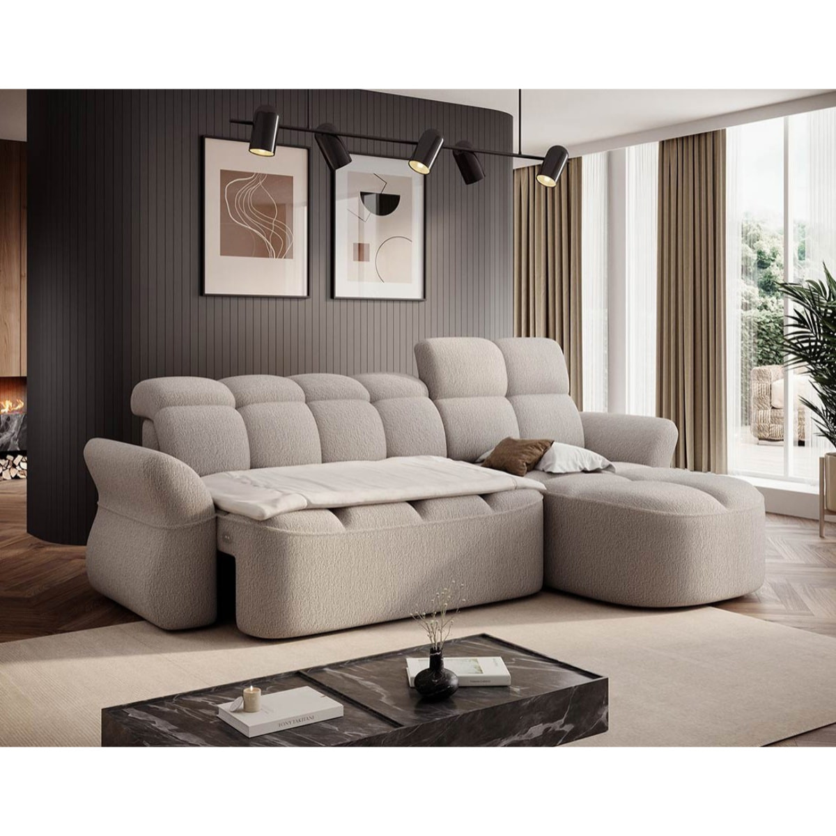 Brume - Canapé d'angle droit 4 places convertible électrique avec coffre et têtières réglables en tissu bouclette - Beige