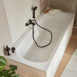 Pack baignoire droite 170 x 75 Elise + tablier niche + pommeau et mitigeur bain noir mat Aimé + vidage