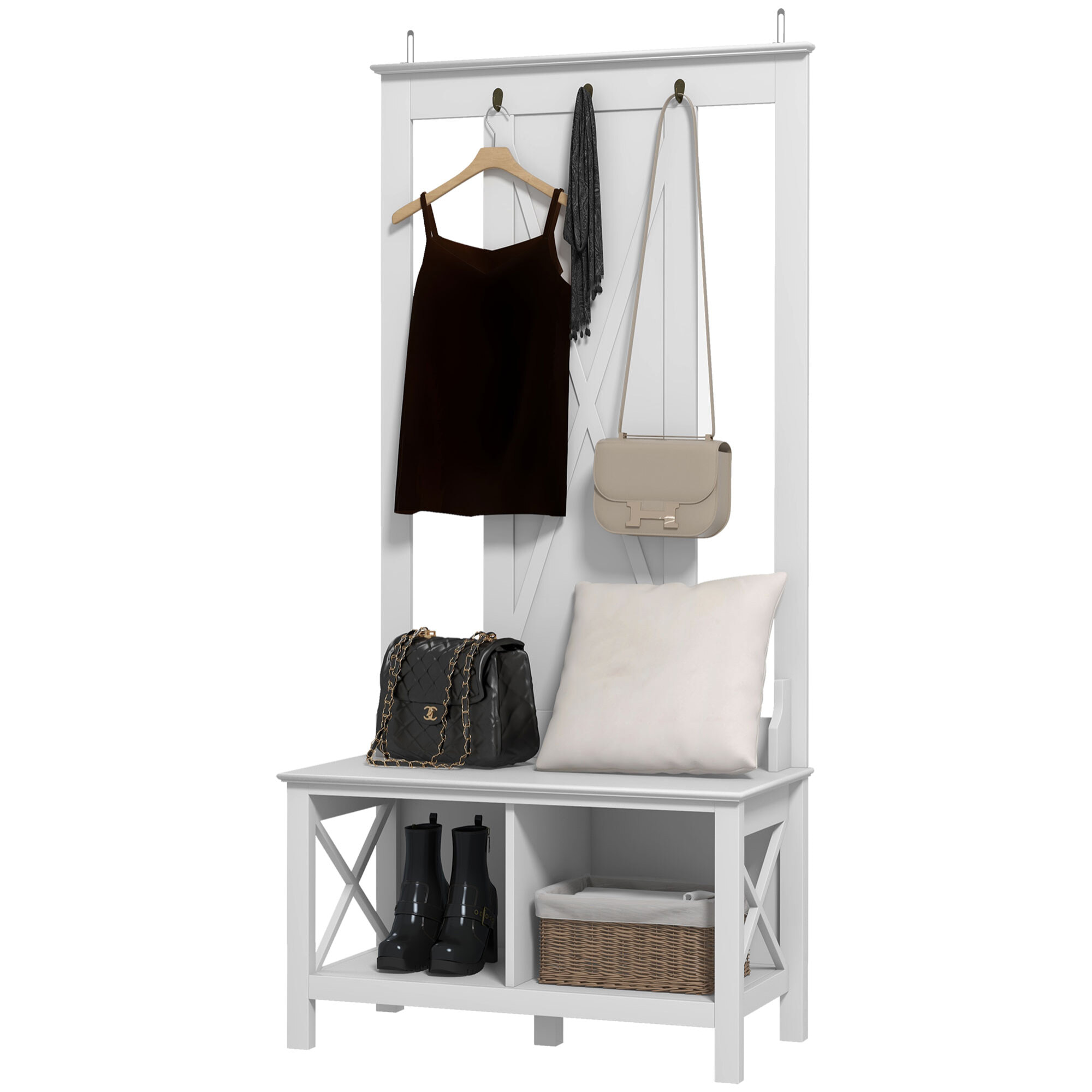 Perchero con Zapatero de Madera Perchero con Banco Incluye 2 Estantes y 3 Ganchos para Colgar Ropas Bolsos para Recibidor Entrada Pasillo 80,5x40x168 cm Blanco