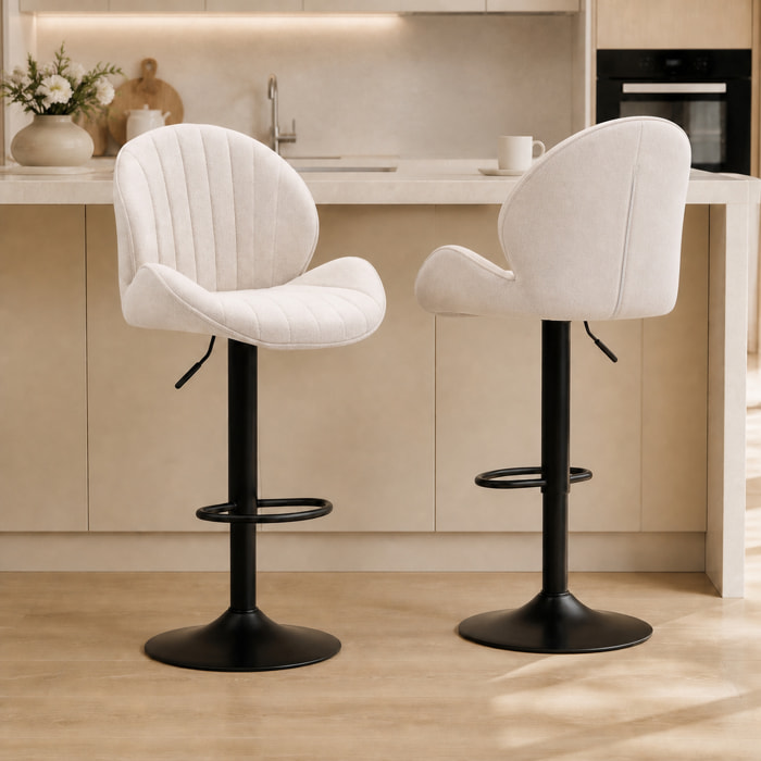Juego de 2 Taburetes de Bar Giratorios, Taburetes Altos de Cocina con Altura Ajustable 62-83 cm, Sillas Altas de Cocina, Tapizada en Chenilla, Respaldo y Reposapiés, Marco de Acero, Beige