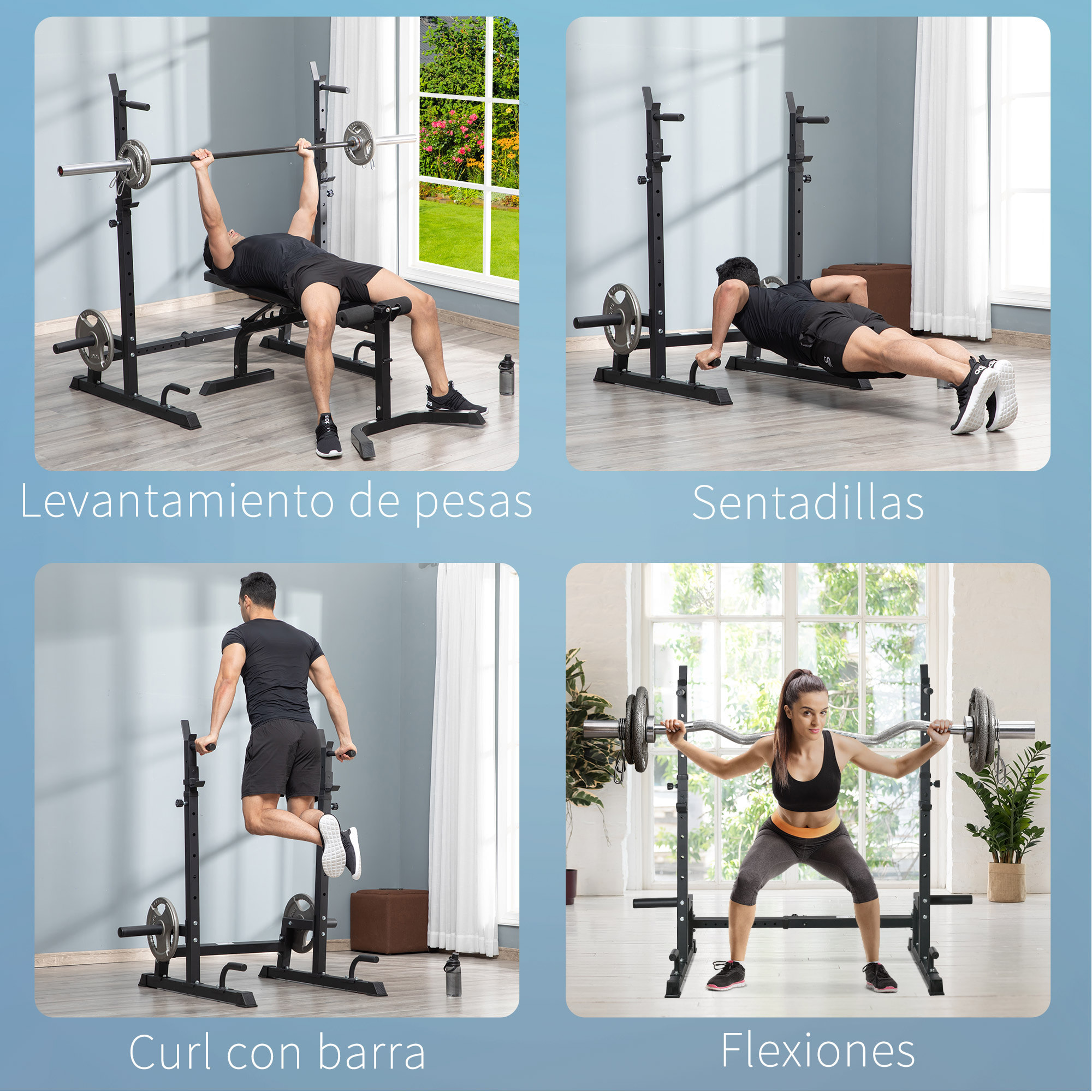 Soporte Ajustable para Barras de Pesas Flexiones de Acero 123-170x103x111-161 cm