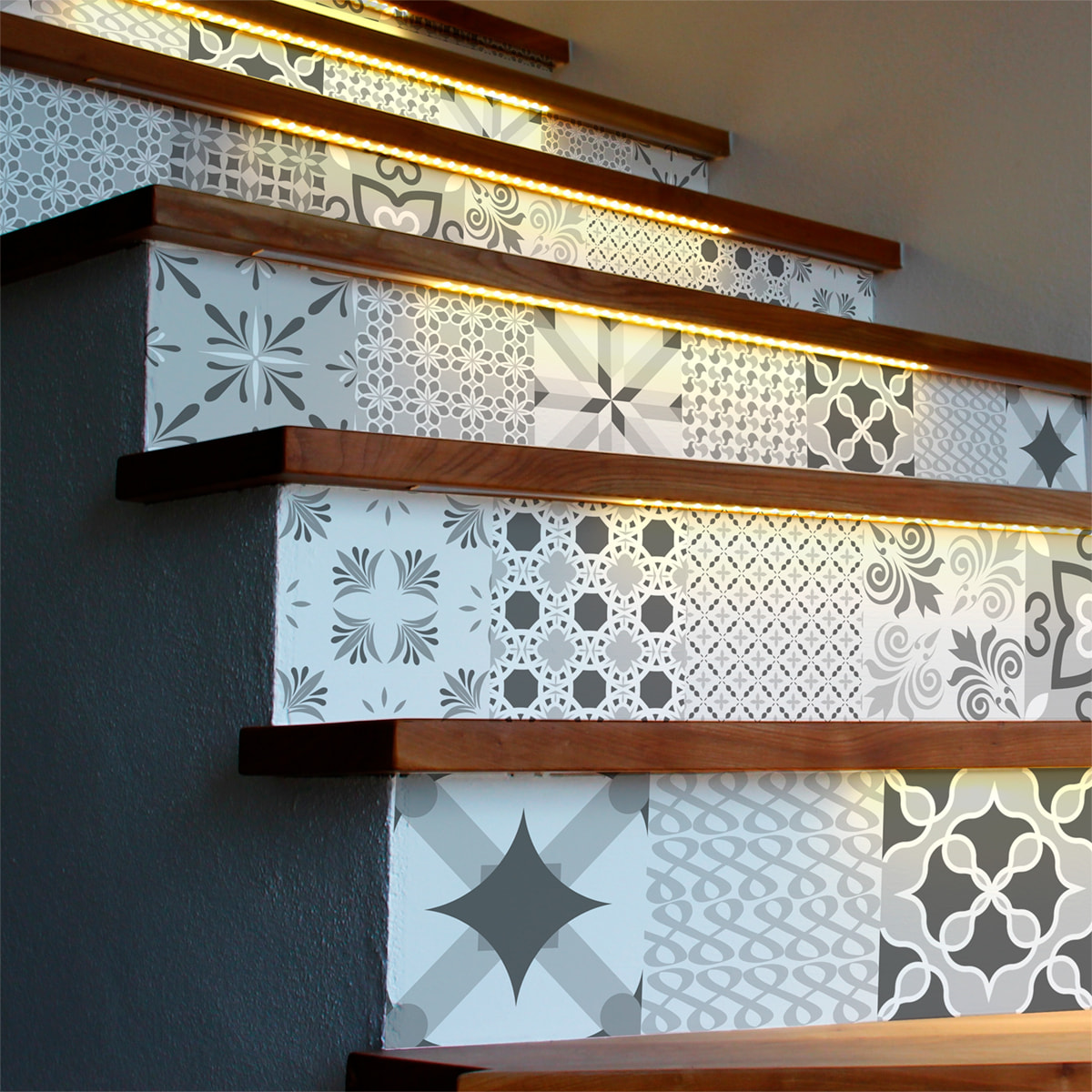 Stickers adhésifs escalier carrelages | Sticker Autocollant contremarche Carreaux de ciment carrelages adhésif - NUANCE DE GRIS ROMANTIQUE