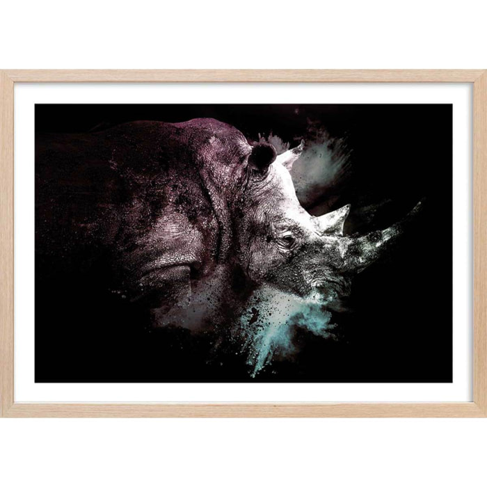 Affiche wild explosion rhinoceros Affiche + cadre en bois - Chêne
