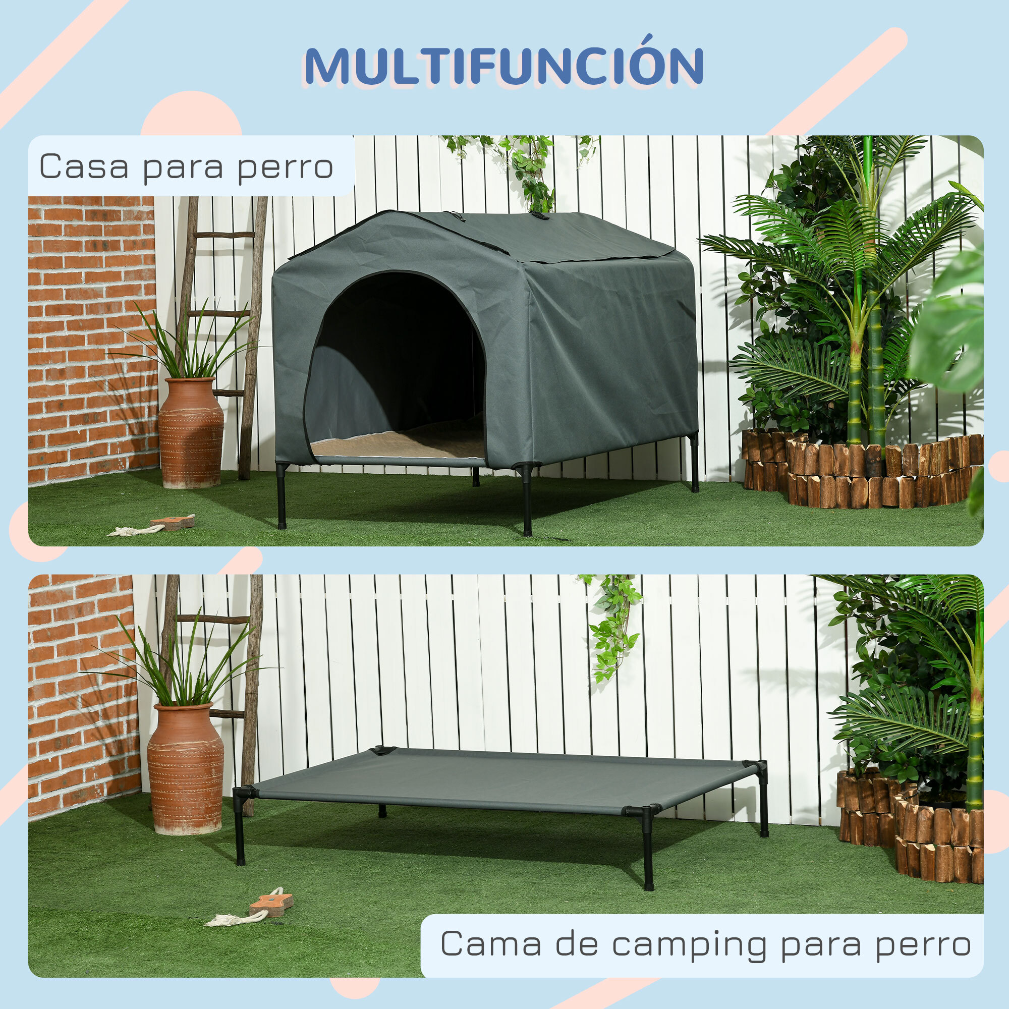 Caseta para Perros con Cubierta Exterior 130x85x95 cm Cama Elevada para Mascotas con Cojín y Ventanas de Malla Enrollable para Perros Grandes Gris