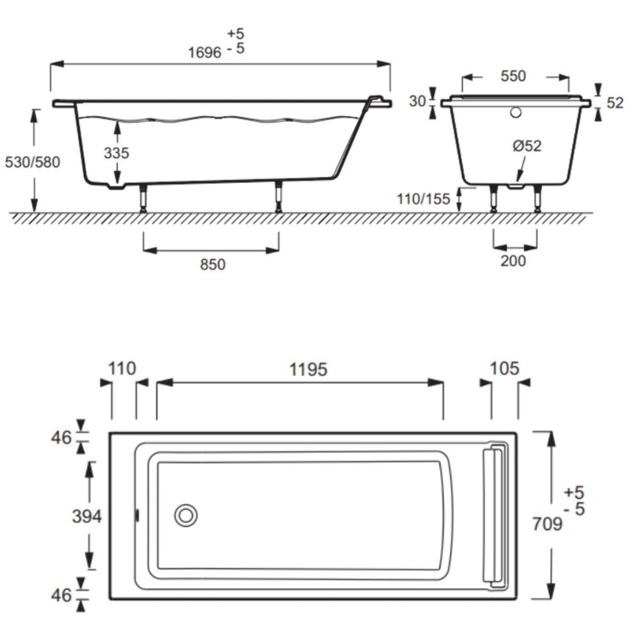 Baignoire droite Spacio + pare bain chromé