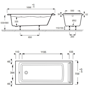 Baignoire droite Spacio + pare bain chromé