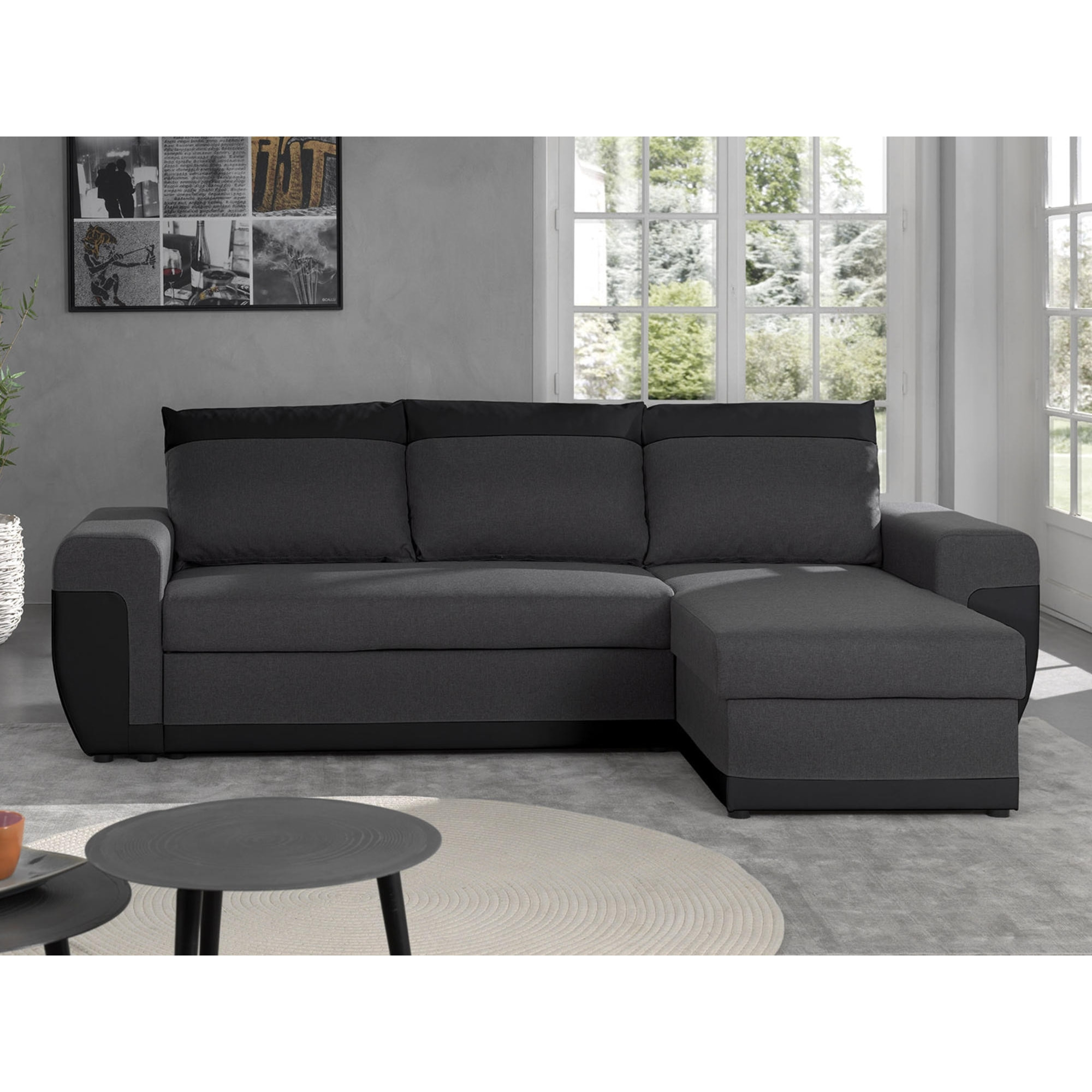 Milan - Canapé d'angle réversible - 4 places - Convertible avec coffre - En simili et tissu - Noir / Gris