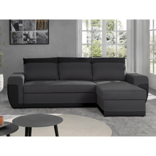 Milan - Canapé d'angle réversible - 4 places - Convertible avec coffre - En simili et tissu - Noir / Gris