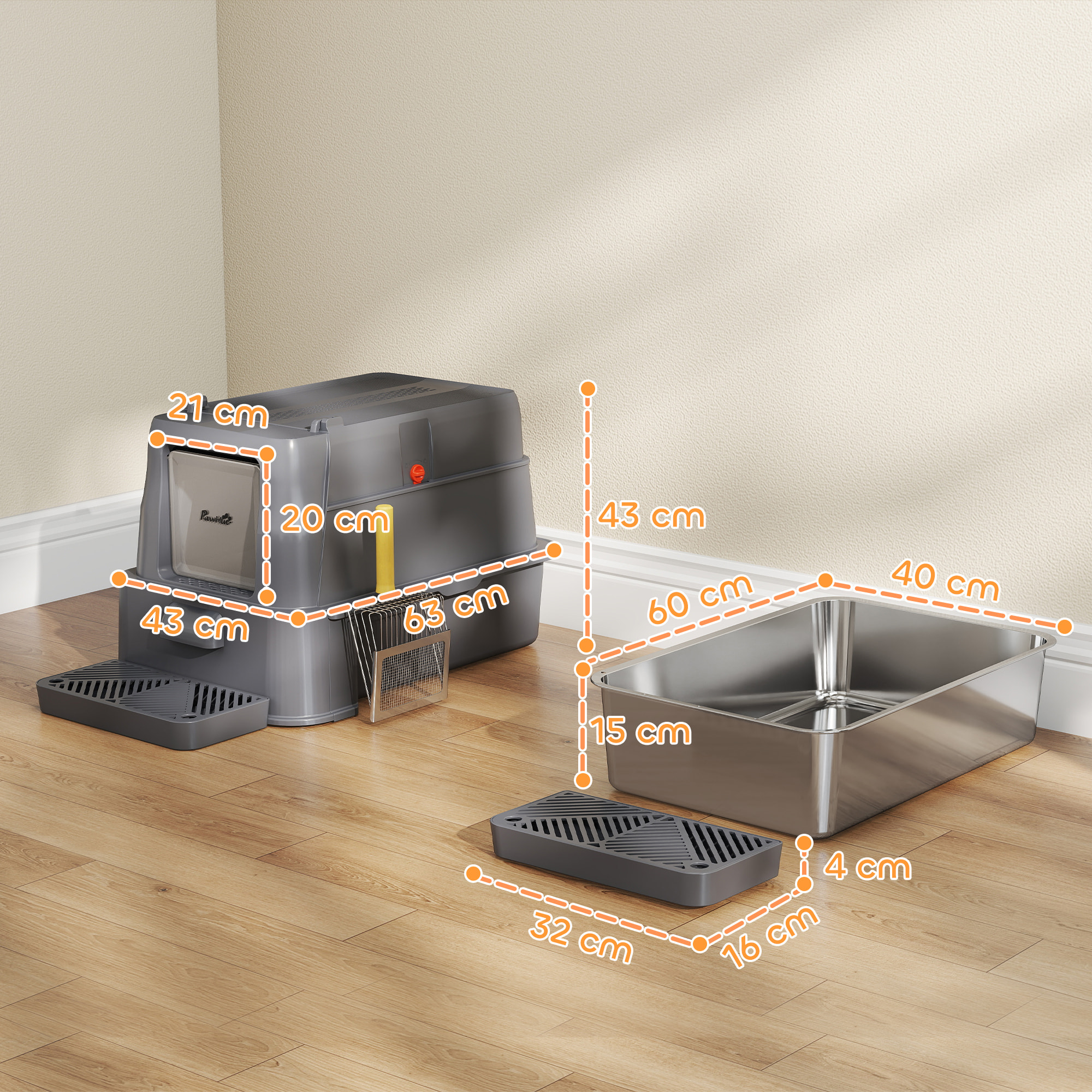 Arenero para Gatos de Acero Inoxidable XL, Caja de Arena para Gatos, Arenero con Tapa Abatible 180°, Laterales Altos, Pedal, Pala, sin Olores, Fácil de Limpiar, Antifugas, Gris Oscuro